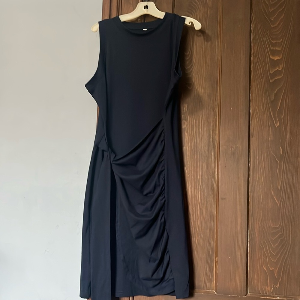 Sleeveless Navy Blue cotton dress with tie at waist.  Size M.